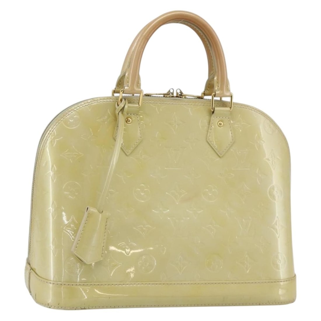Louis Vuitton Alma PM Beige Vernis Patent Leather Handbag: Louis Vuitton Alma PM Beige Vernis Patent Leather Handbag This Louis Vuitton Monogram Vernis Alma PM handbag in beige patent leather is designed for versatile use as a hand or 2-way bag. Crafted in Fr