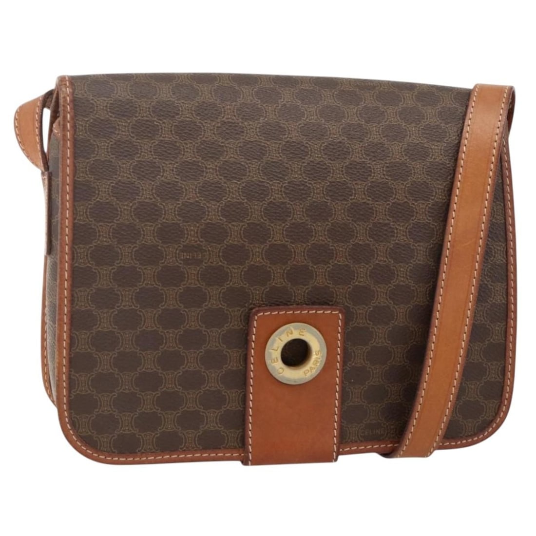 CELINE Macadam Circle Shoulder Bag Brown PVC Leather: CELINE Macadam Circle Shoulder Bag Brown PVC Leather A CELINE shoulder bag crafted from Macadam canvas and PVC leather in brown with gold-tone metal fittings. It features a circle shoulder bag style, 