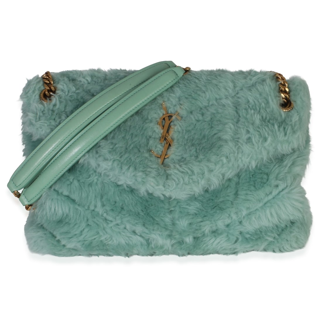 Saint Laurent Blue Shearling Quilted Loulou Chain Satchel: Saint Laurent Blue Shearling Quilted Loulou Chain Satchel This Saint Laurent Small Loulou Puffer Chain Satchel features a blue quilted fabric exterior with gold-tone hardware and a magnetic snap closu