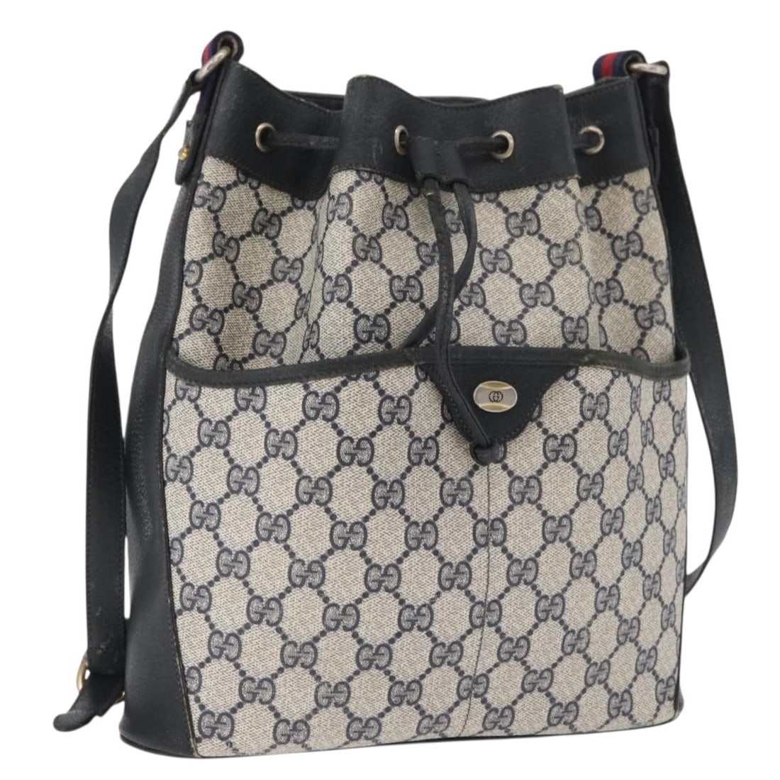 Gucci Sherry Line navy gold PVC shoulder bag 41 02 033: Gucci Sherry Line navy gold PVC shoulder bag 41 02 033 This GUCCI GG Supreme Web Sherry Line shoulder bag features a navy and gold exterior crafted from PVC leather. The bag is designed for women and 
