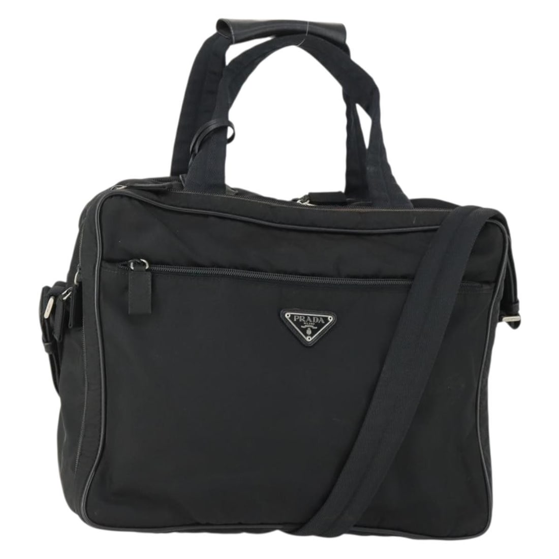 Prada Black Nylon 2 Way Handbag with Padlock Key Clochette: Prada Black Nylon 2 Way Handbag with Padlock Key Clochette PRADA nylon 2way handbag in black and silver, made in Italy. It features a structured hand bag style with shoulder strap carry options and co