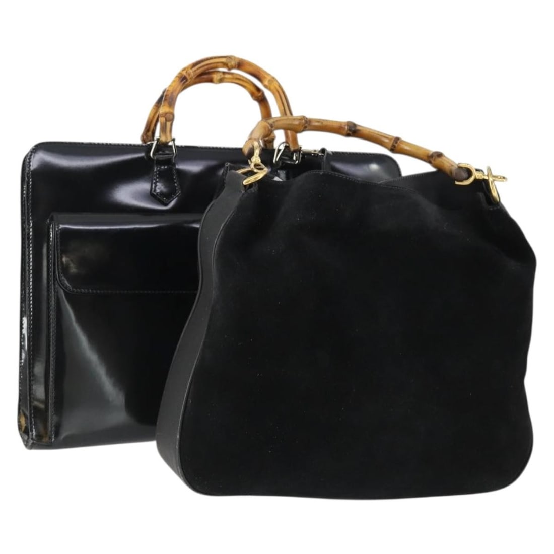 2 Piece Gucci Bamboo Patent Leather Handbag Set Black: 2 Piece Gucci Bamboo Patent Leather Handbag Set Black A Gucci bamboo hand bag in black patent leather, made in Italy. This special bundle offer is a 2-set listing, and the condition is ranked C, indic