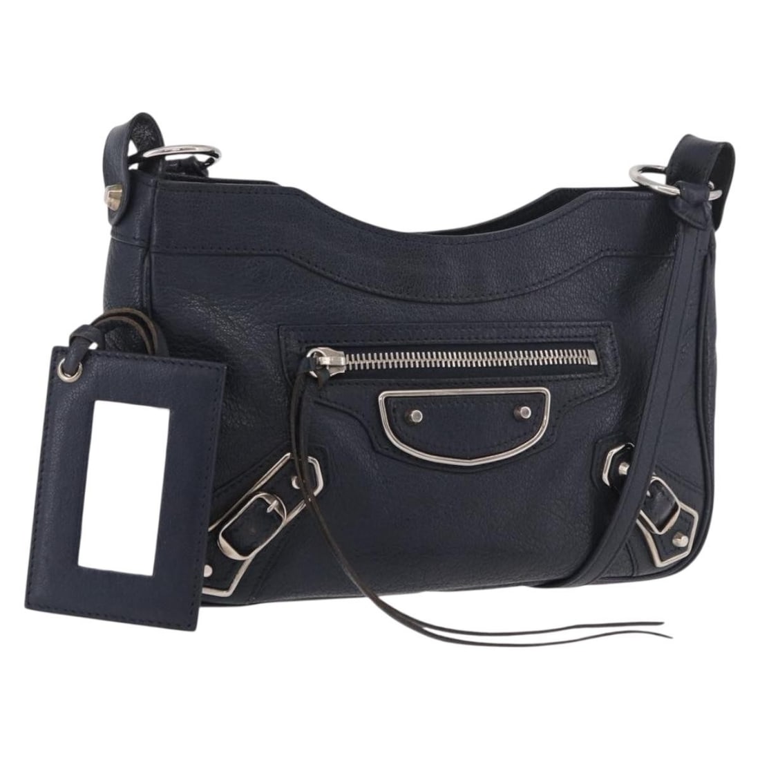 Balenciaga Metallic Edge Leather Shoulder Bag Navy Silver Mirror: Balenciaga Metallic Edge Leather Shoulder Bag Navy Silver Mirror A Balenciaga Metallic Edge Hip Shoulder Bag in navy leather with silver-tone metal fittings. It is a shoulder bag made in Italy and com