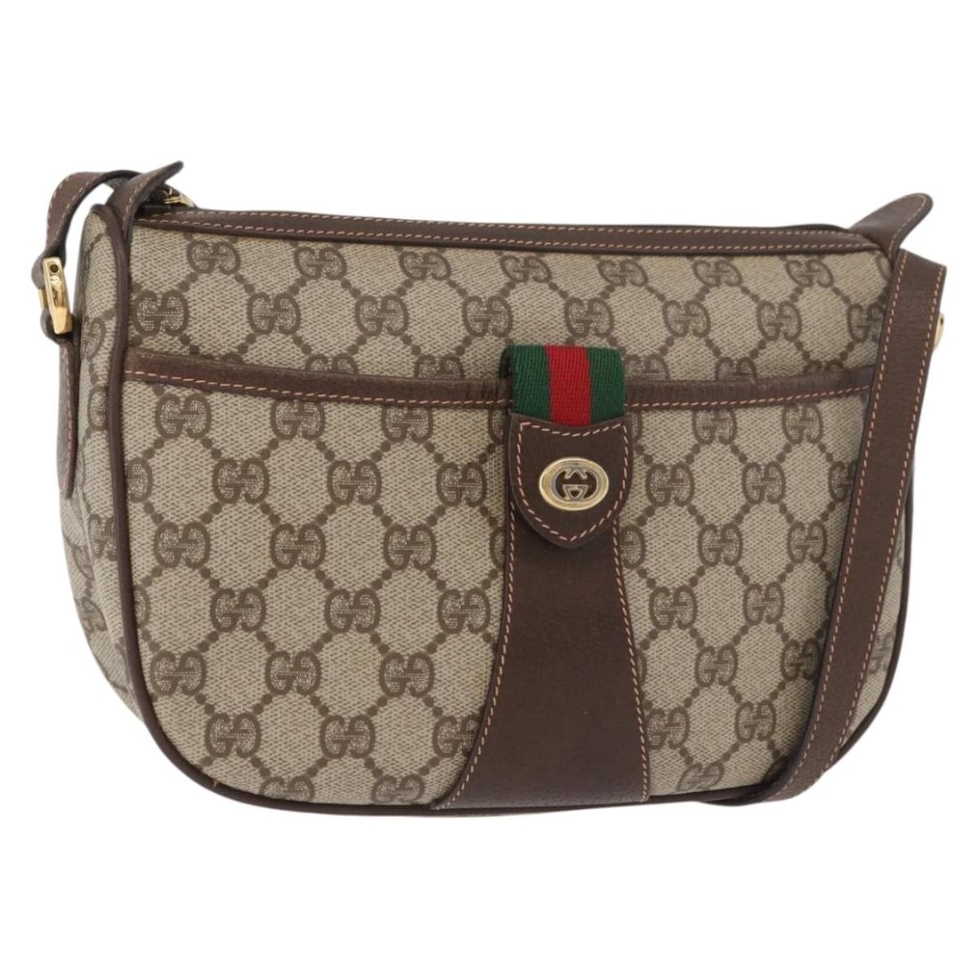 GUCCI 89 02 032 GG Supreme Sherry Web Shoulder Bag Beige PVC Leather: GUCCI 89 02 032 GG Supreme Sherry Web Shoulder Bag Beige PVC Leather Gucci Sherry Line shoulder bag in beige and gold, made in Italy. It is crafted from PVC leather and GG canvas, with a shoulder stra