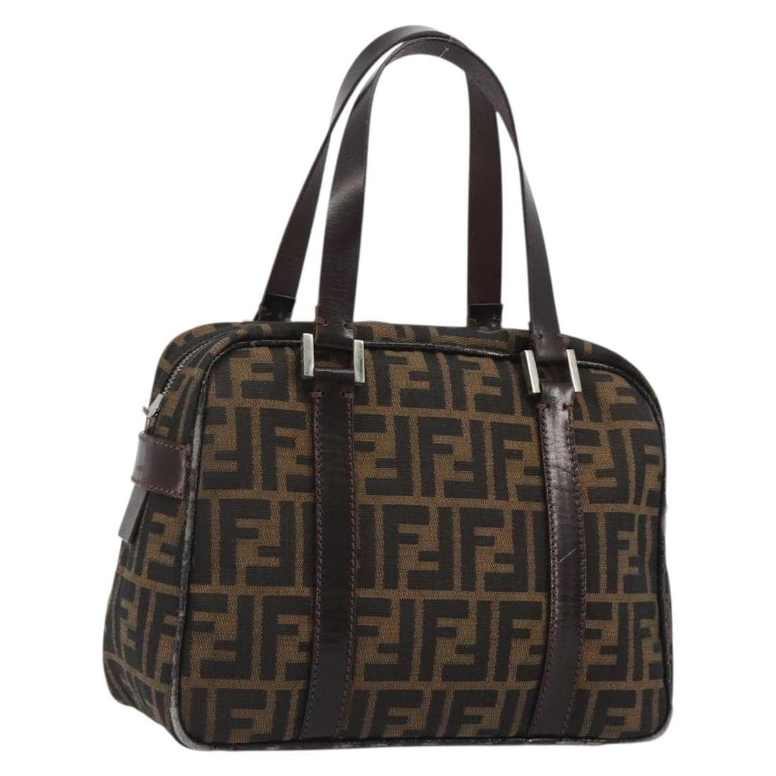 FENDI Zucca Canvas Hand Bag in Black Brown: FENDI Zucca Canvas Hand Bag in Black Brown Authentic FENDI handbag in black and brown Zucca canvas. This women's bag is made in Italy and features a compact silhouette with a handle drop for hand carr