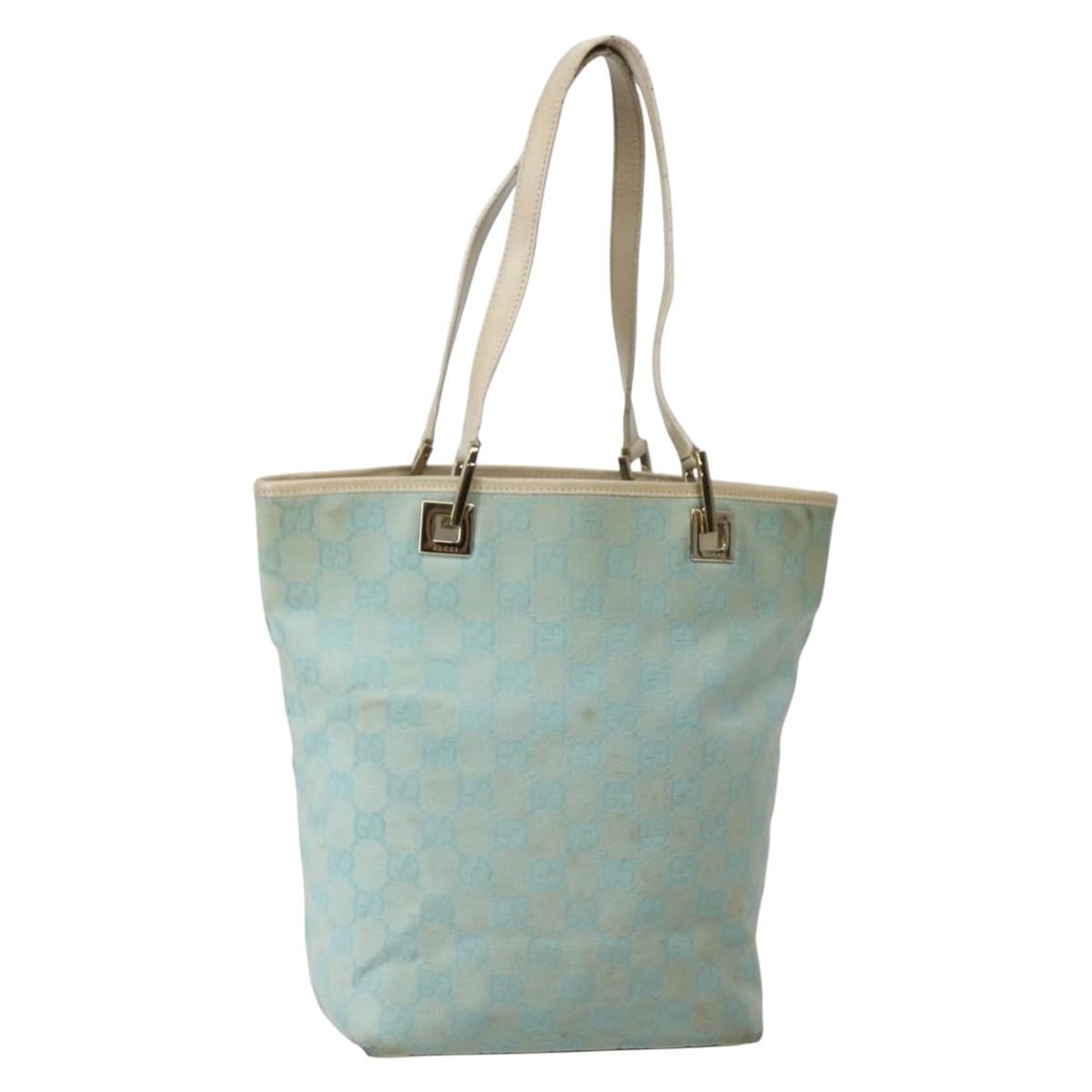 Authentic GUCCI GG Canvas Tote Bag Light Blue Gold 002 1099: Authentic GUCCI GG Canvas Tote Bag Light Blue Gold 002 1099 Elevate your accessory collection with this authentic GUCCI GG Canvas Tote Bag in a striking light blue and gold color scheme. Designed in I