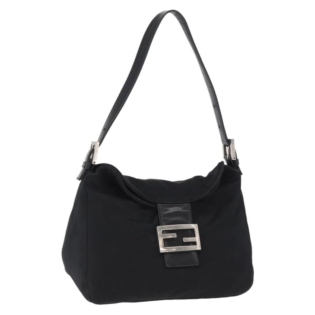 Fendi Mamma Baguette Black Nylon Shoulder Bag Silver Tone: Fendi Mamma Baguette Black Nylon Shoulder Bag Silver Tone Fendi Mamma Baguette shoulder bag in black and silver nylon, made in Italy. The bag measures approximately W25 x H24 x D12 cm, with a shoulder