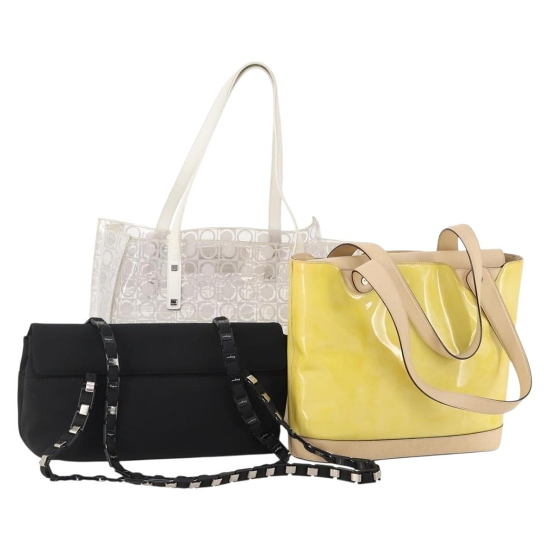 Salvatore Ferragamo 3 Piece Tote Bag Set Nylon Leather Vinyl Yellow Clear: Salvatore Ferragamo 3 Piece Tote Bag Set Nylon Leather Vinyl Yellow Clear A Salvatore Ferragamo tote bag set in yellow, clear, and black, made from nylon with leather details. It is made in Italy and 