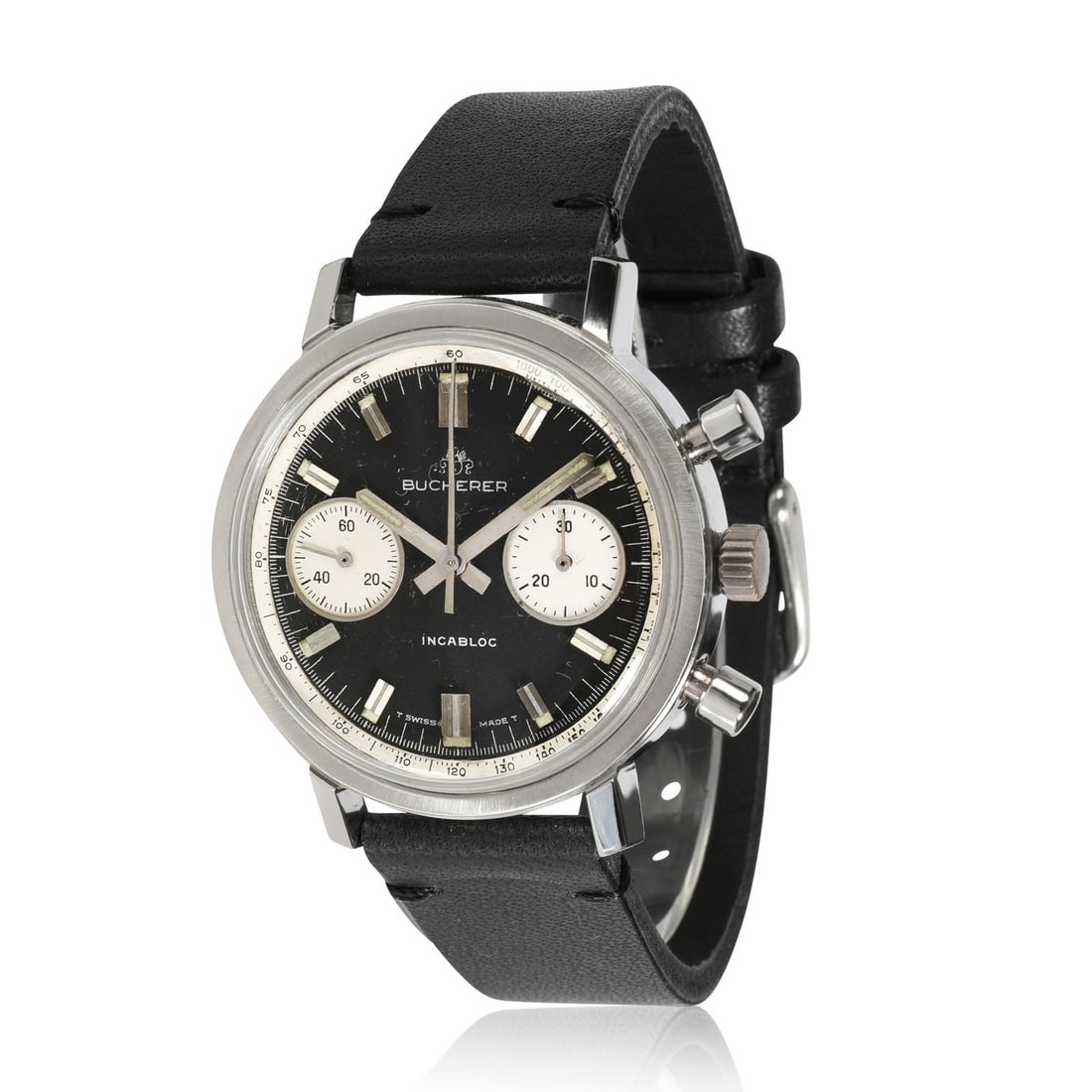 Bucherer Chrono vintage mens wristwatch black dial hand wind steel case: Bucherer Chrono vintage mens wristwatch black dial hand wind steel case Vintage Bucherer Chrono men's wrist watch in stainless steel with a black dial and analog display. It features a round stainless