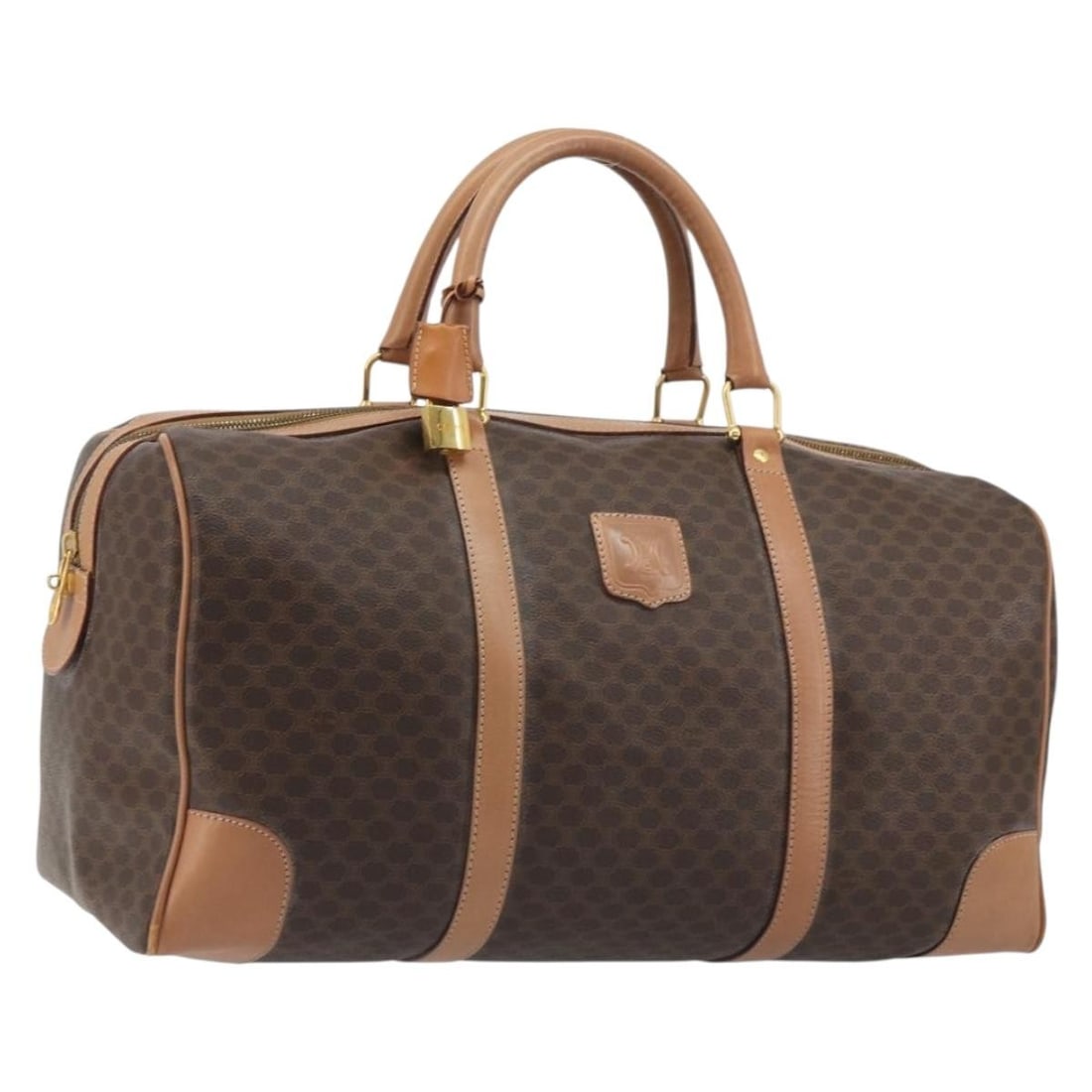 Celine Macadam Boston Bag Brown PVC Leather with Padlock Key Clochette: Celine Macadam Boston Bag Brown PVC Leather with Padlock Key Clochette Brown and gold Boston bag in PVC leather and Macadam canvas, made in Italy. The bag comes with a padlock, one key, and a clochett