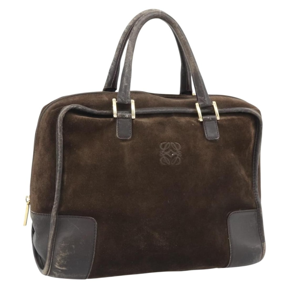 LOEWE Brown Suede Handbag Gold Tone Hardware: LOEWE Brown Suede Handbag Gold Tone Hardware LOEWE women's hand bag in brown suede with a gold tone exterior. The bag measures approximately 12.2 x 8.3 x 5.9 inches, with a handle drop of approximatel