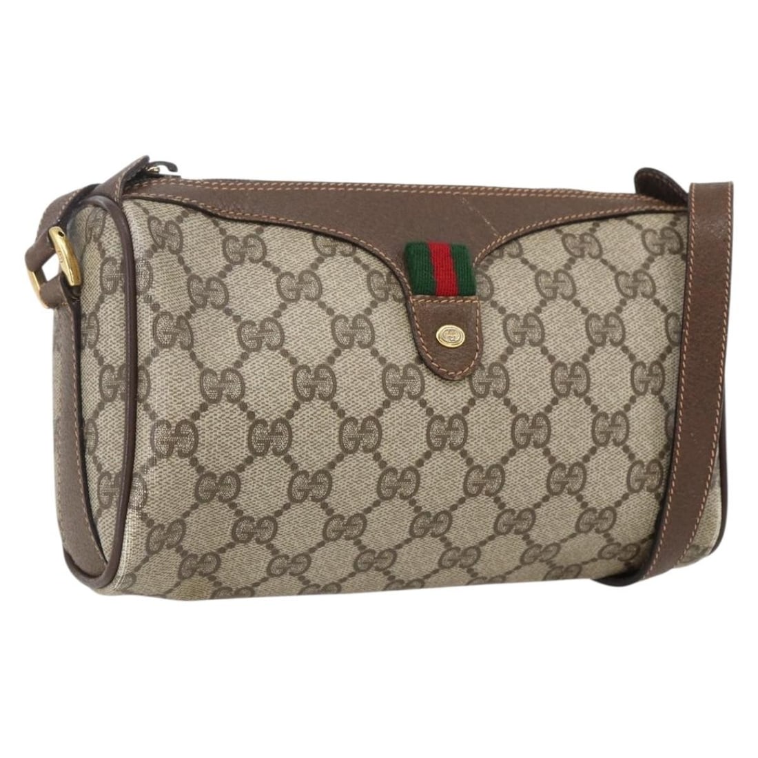 Gucci GG Supreme Web Beige Gold Shoulder Bag PVC Leather 89 02 018: Gucci GG Supreme Web Beige Gold Shoulder Bag PVC Leather 89 02 018 This is a Gucci GG Supreme Web Sherry Line shoulder bag, crafted from beige and gold PVC leather and GG canvas. Designed for women, i