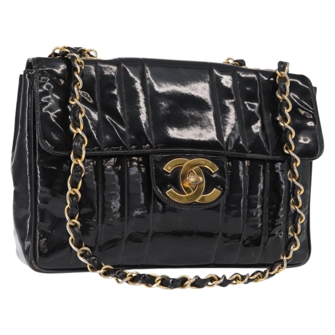 CHANEL Mademoiselle Enamel Shoulder Bag Black Gold CC: CHANEL Mademoiselle Enamel Shoulder Bag Black Gold CC CHANEL Mademoiselle chain shoulder bag in black and gold enamel. This women's shoulder bag is a heavily used piece with visible wear throughout, i