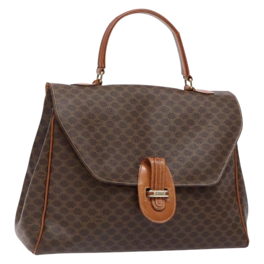 CELINE Macadam PVC Leather Brown Gold Hand Bag Italy: CELINE Macadam PVC Leather Brown Gold Hand Bag Italy This CELINE Macadam Canvas handbag features a brown and gold color scheme and is crafted from PVC leather and Macadam canvas. Made in Italy, this w