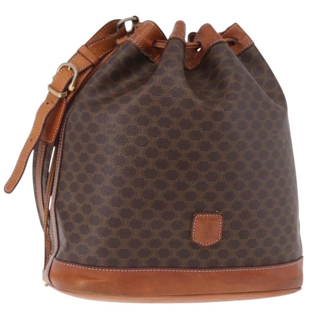 CELINE Macadam Shoulder Bag Brown PVC Leather Gold Tone: CELINE Macadam Shoulder Bag Brown PVC Leather Gold Tone CELINE Macadam Canvas shoulder bag in brown and gold, made from PVC leather and Macadam canvas. This women's bag was made in Italy and features 