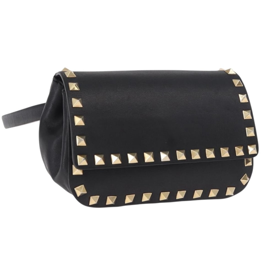 VALENTINO Leather Waist Bag Black Gold Tone Italy: VALENTINO Leather Waist Bag Black Gold Tone Italy Valentino waist bag in black leather with gold-tone stud detailing. Made in Italy, this women's bag includes the item shown only; the original box and