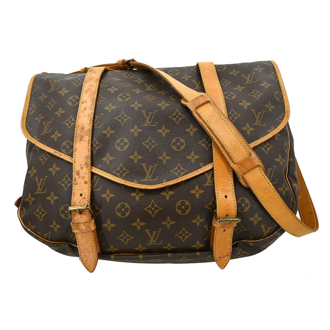 Louis Vuitton Saumur 43 Monogram Canvas Crossbody Messenger Bag M42252: Louis Vuitton Saumur 43 Monogram Canvas Crossbody Messenger Bag M42252 Louis Vuitton Monogram Saumur 43 messenger bag in brown Monogram Canvas and leather, made in France. It features a buckle closure