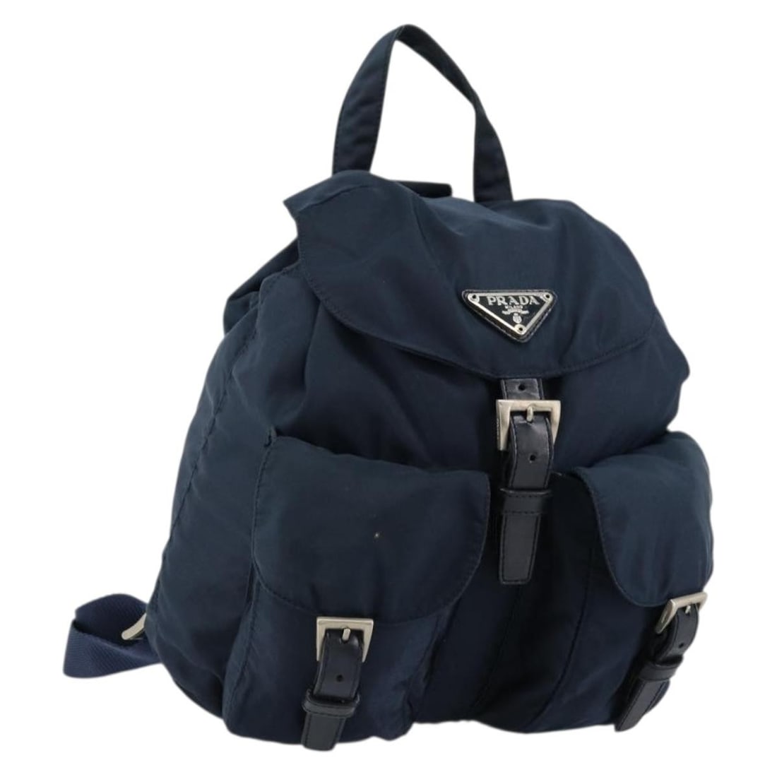 PRADA Nylon Backpack Navy Silver Tone Made in Italy: PRADA Nylon Backpack Navy Silver Tone Made in Italy Navy and silver Prada nylon backpack made in Italy. The item is described as heavily used, with visible wear including out-of-shape surface, rubbing