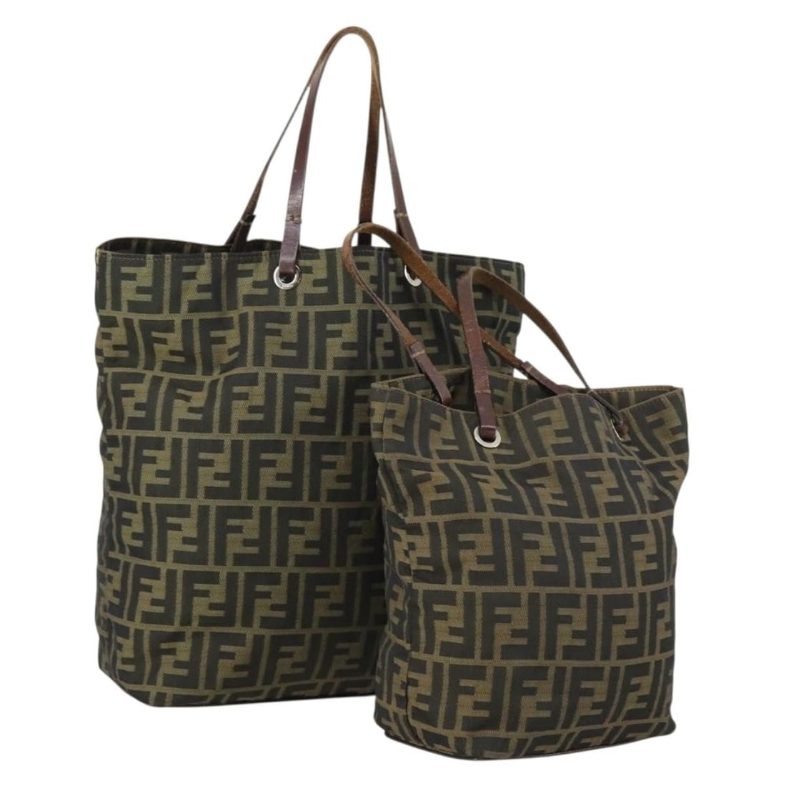 2 Fendi Zucca Canvas Hand Bags Black Brown Italy: 2 Fendi Zucca Canvas Hand Bags Black Brown Italy Fendi Zucca Canvas Hand Bag set in black and brown, made in Italy. The item is described as a heavily used hand bag with visible wear, including out-of