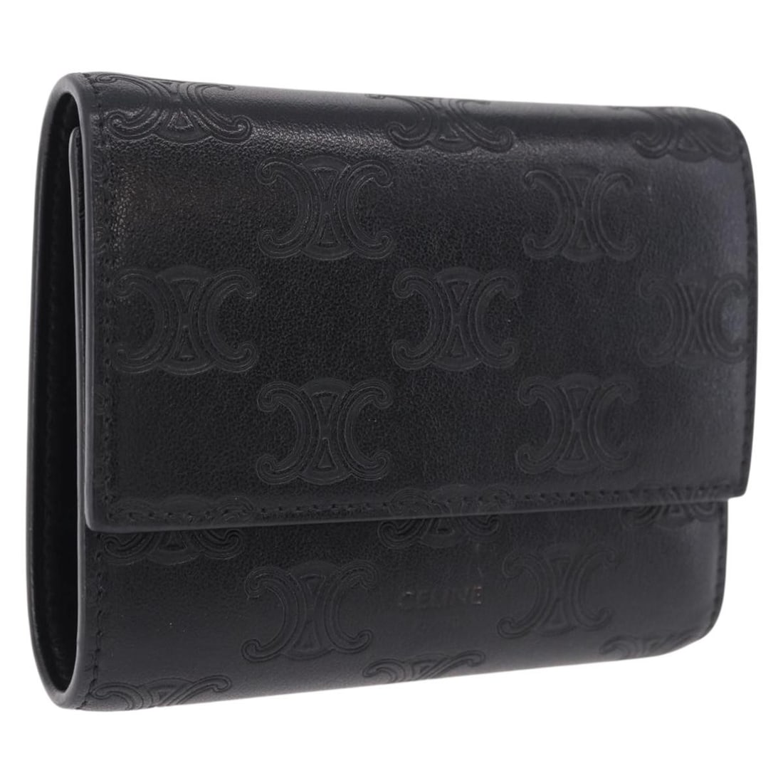 CELINE Triomphe Leather Trifold Wallet Black Gold Tone Italy: CELINE Triomphe Leather Trifold Wallet Black Gold Tone Italy CELINE Triomphe 3 Fold Wallet in black leather with gold-tone details. This women's wallet is made in Italy and comes with a dust bag and i