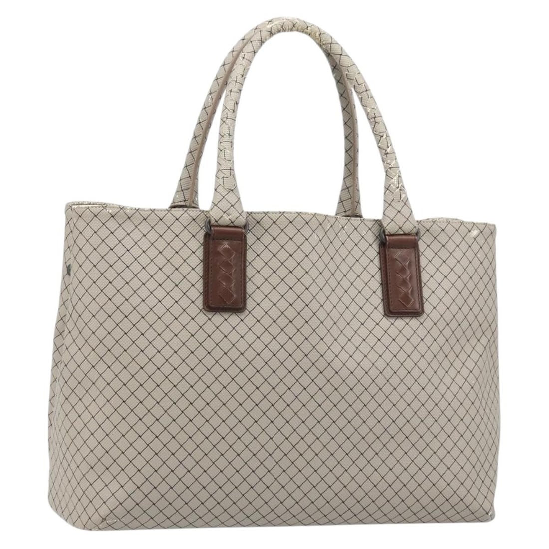 Gray PVC Leather Tote Bag Bottega Veneta Italy: Gray PVC Leather Tote Bag Bottega Veneta Italy A gray Bottega Veneta tote bag in PVC leather, made in Italy. The bag measures approximately W39 x H28 x D17 cm with a handle drop of approximately 18 cm