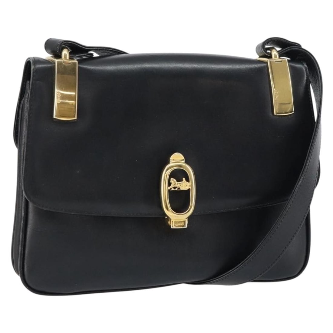 Celine Leather Shoulder Bag Black with Gold Horse Carriage: Celine Leather Shoulder Bag Black with Gold Horse Carriage CELINE shoulder bag in black and gold leather, made in Italy. This women's bag features a shoulder strap with an approximate drop of 39-45 cm