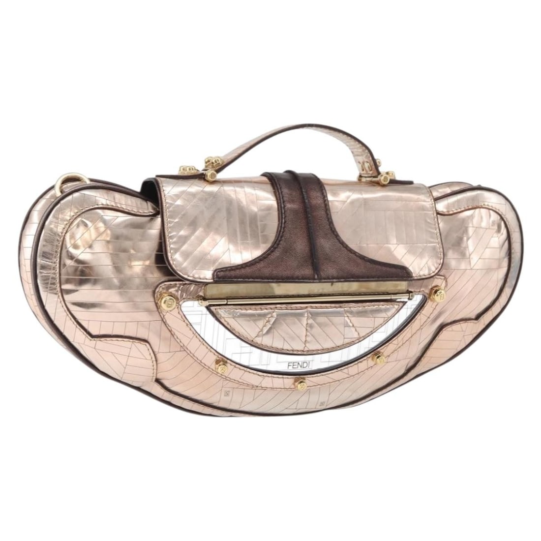Fendi Italy Patent Leather Handbag in Bronze Gold: Fendi Italy Patent Leather Handbag in Bronze Gold FENDI patent leather hand bag in Bronze/Gold color, made in Italy. The item measures approximately W33 cm x H14 cm x D1.5 cm, with a handle drop of ap