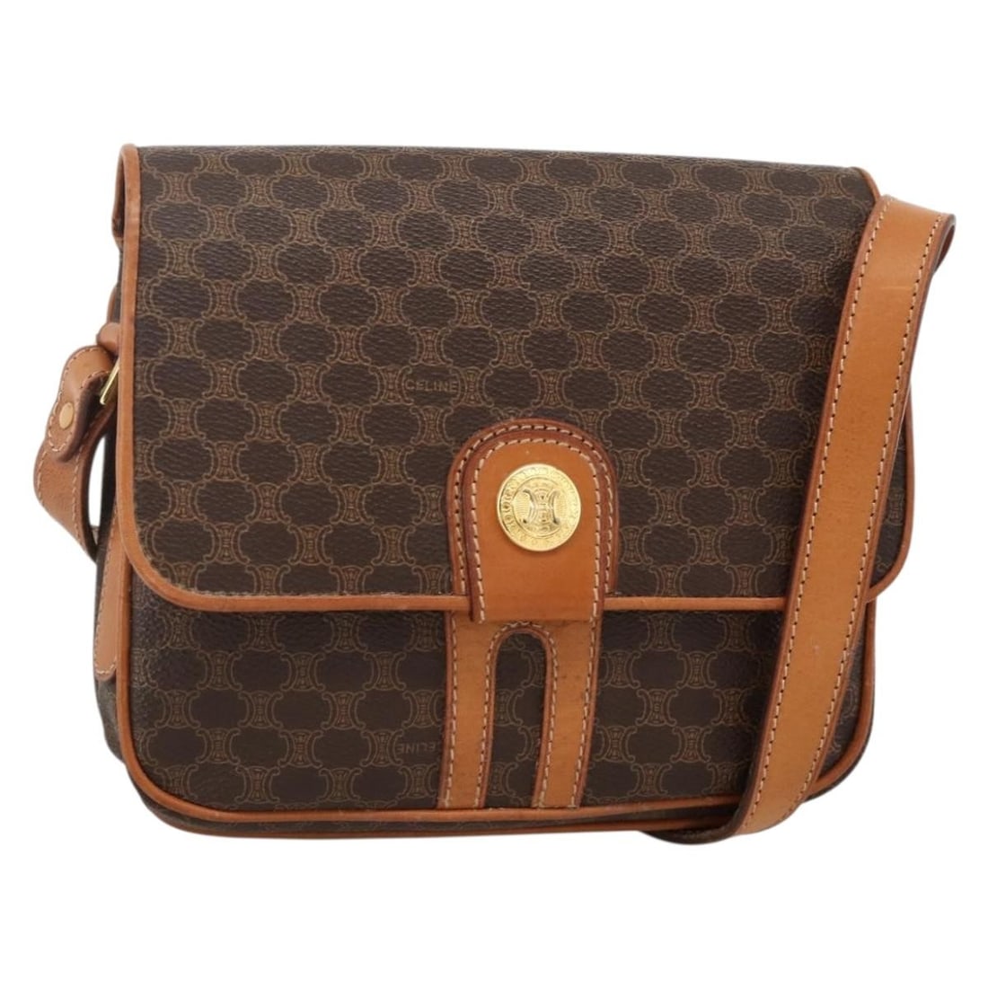 Celine Macadam Canvas PVC Leather Circle Shoulder Bag Brown Gold: Celine Macadam Canvas PVC Leather Circle Shoulder Bag Brown Gold A CELINE Macadam Canvas Circle Shoulder Bag in brown and gold, made from PVC leather and Macadam canvas. This shoulder bag has a circle