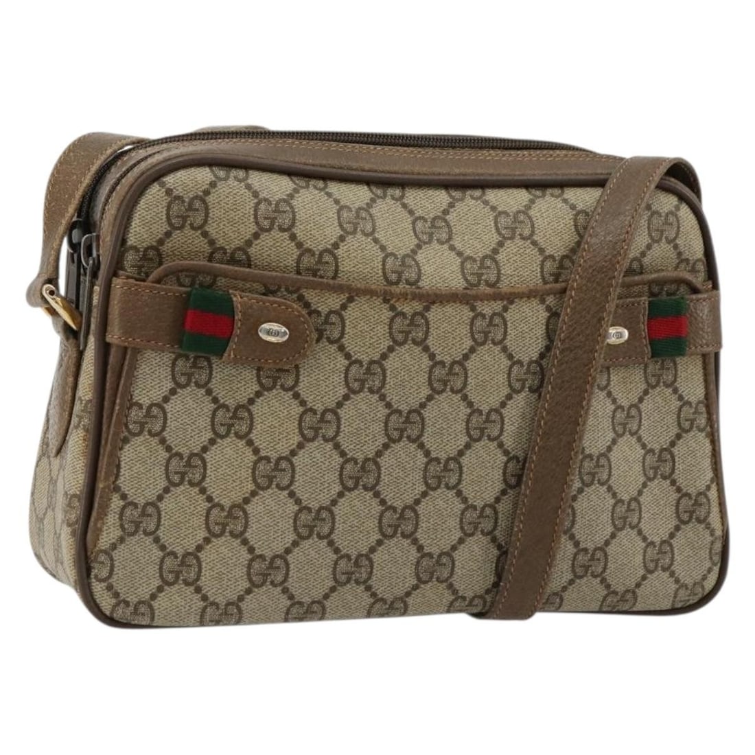 Gucci Sherry Line GG Supreme PVC Shoulder Bag Beige Gold 93 02 049: Gucci Sherry Line GG Supreme PVC Shoulder Bag Beige Gold 93 02 049 Gucci GG Supreme Web Sherry Line shoulder bag in beige and gold, made from PVC leather and GG canvas. It measures approximately W24 x