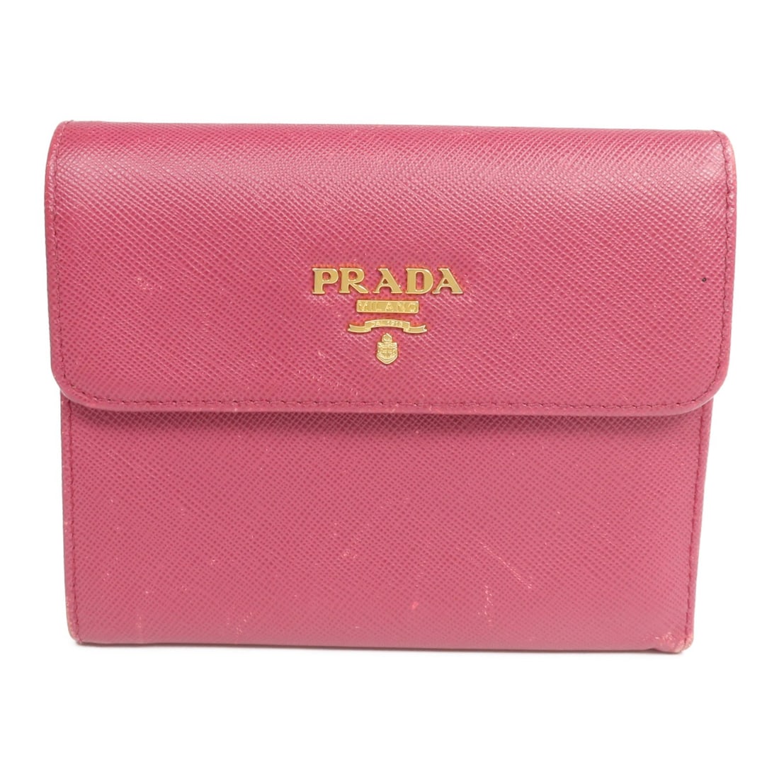 Prada 1M0170 Tri Fold Wallet Saffiano Leather Pink: Prada 1M0170 Tri Fold Wallet Saffiano Leather Pink A PRADA tri-fold wallet crafted from Saffiano leather in pink. It features a hook button closure, one coin case, seven card slots, and two open pocke