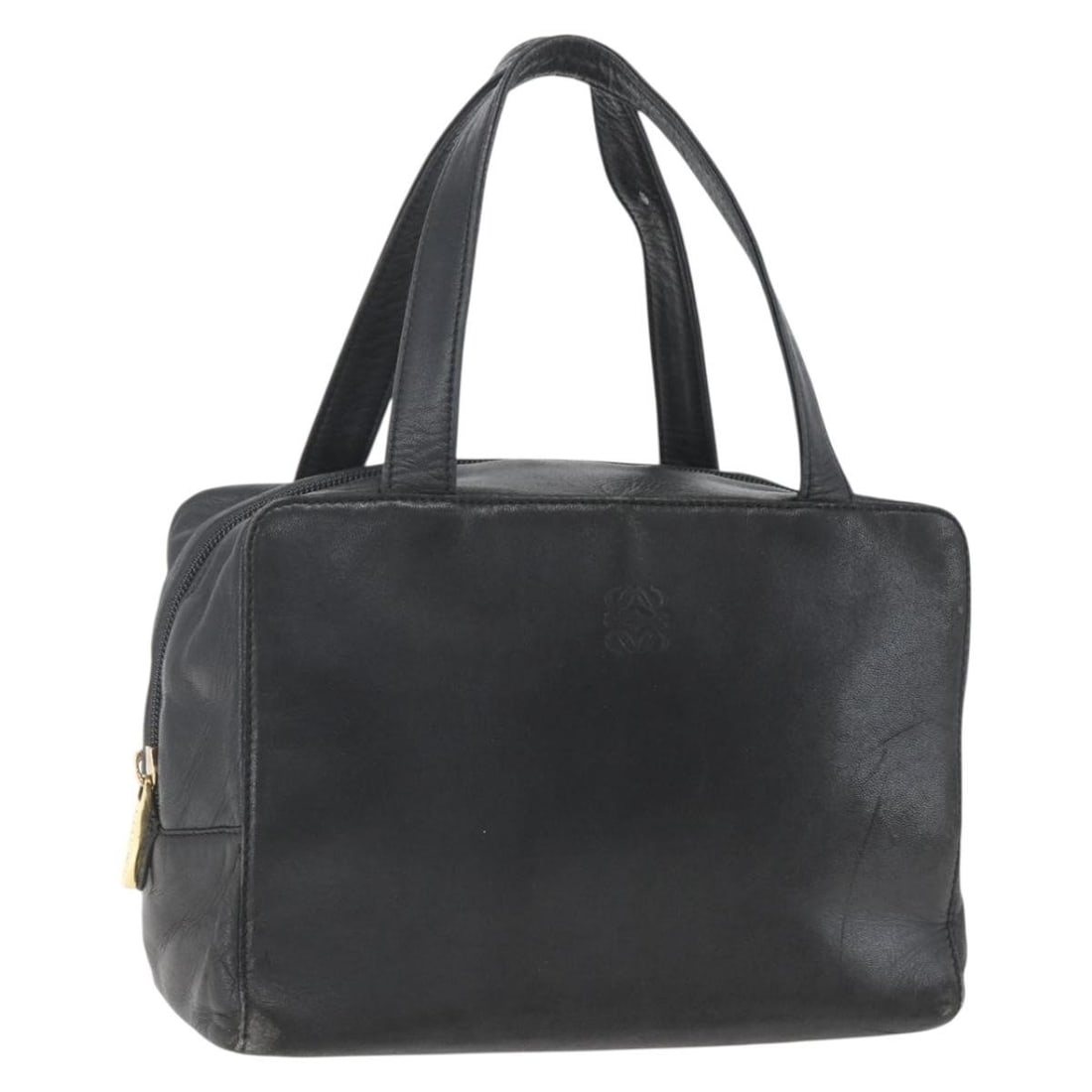 Loewe Leather Gold and Black Anagram Handbag: Loewe Leather Gold and Black Anagram Handbag This LOEWE Anagram hand bag features a stylish gold and black leather exterior, crafted in Spain. The bag shows signs of heavy use, including rubbing, stai
