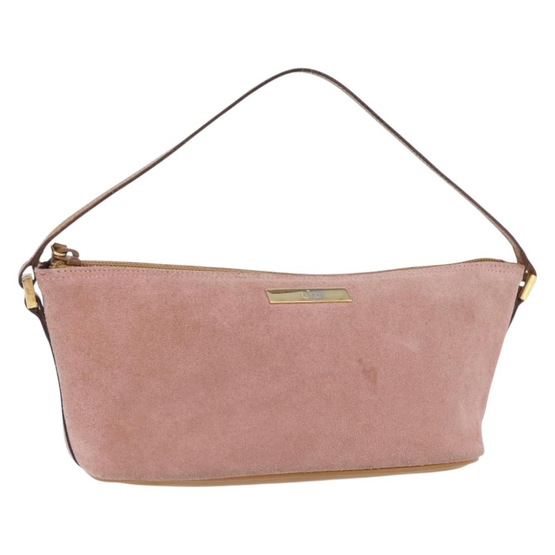Gucci Pink Suede Accessory Pouch 039 1103: Gucci Pink Suede Accessory Pouch 039 1103 This GUCCI accessory pouch features a pink and gold suede exterior, crafted in Italy. The pouch is designed for women and measures approximately 8.3 inches in