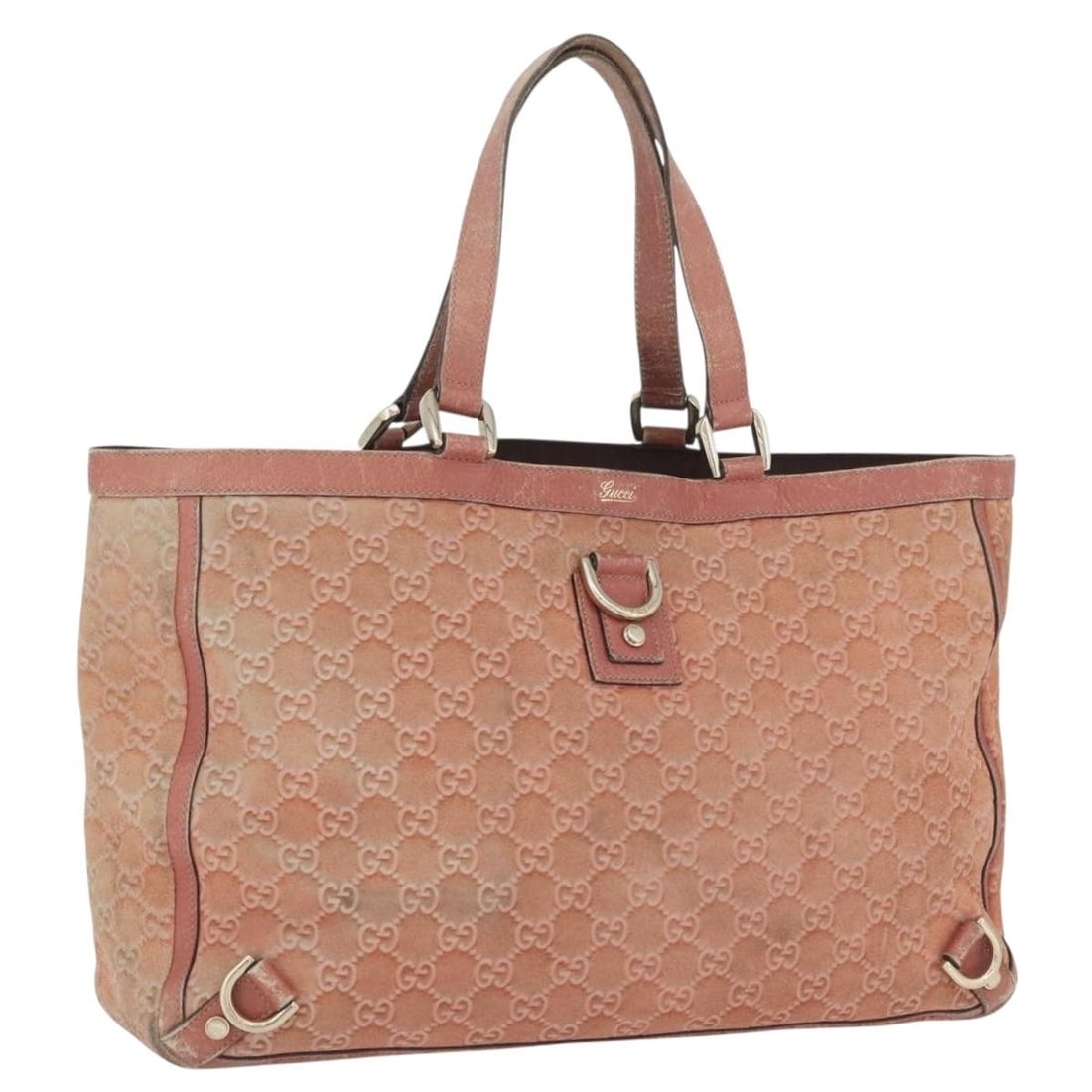 Gucci Abbey Suede GG Canvas Pink Gold Tote 141472: Gucci Abbey Suede GG Canvas Pink Gold Tote 141472 This GUCCI Abbey Tote Bag features a pink and gold color scheme crafted from a combination of suede and GG canvas. The bag is designed for women and i