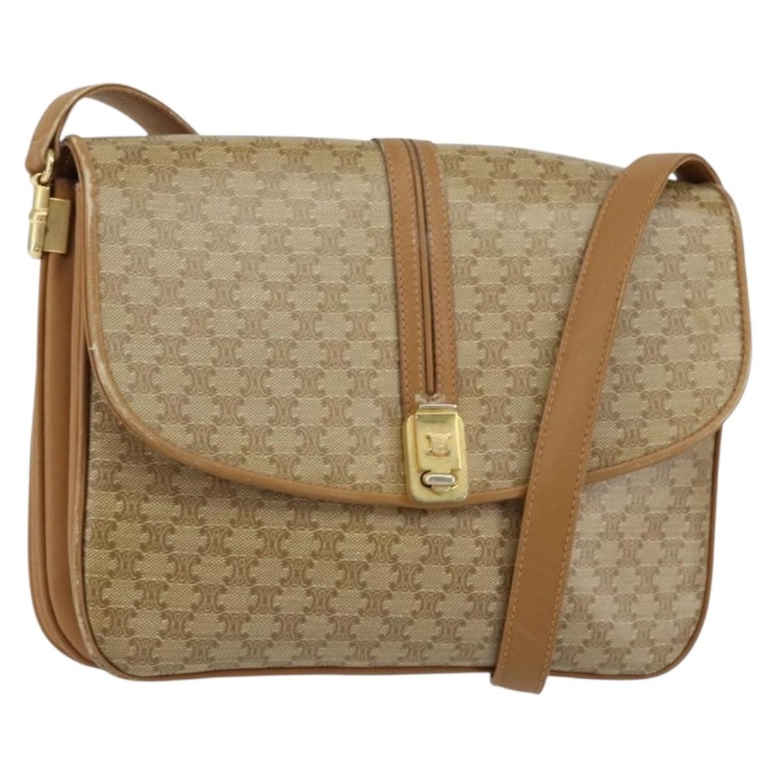 CELINE Macadam Beige Gold PVC Leather Shoulder Bag Auth 153390: CELINE Macadam Beige Gold PVC Leather Shoulder Bag Auth 153390 This authentic CELINE Macadam Canvas Shoulder Bag combines style and functionality, crafted from durable PVC leather in a sophisticated b