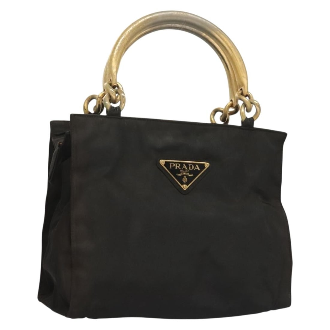 PRADA Black Gold Nylon Hand Bag Made in Italy Authenticated: PRADA Black Gold Nylon Hand Bag Made in Italy Authenticated Elevate your style with this authentic PRADA Hand Bag, crafted from durable nylon in a sleek black and gold color scheme. This chic accessor