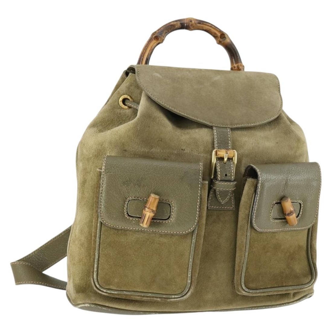 Gucci Bamboo Khaki Suede Backpack Model 003 58 0016 Gold Accents: Gucci Bamboo Khaki Suede Backpack Model 003 58 0016 Gold Accents This GUCCI Bamboo Backpack features khaki suede and gold-tone accents, offering a classic and stylish design. The backpack shows signif