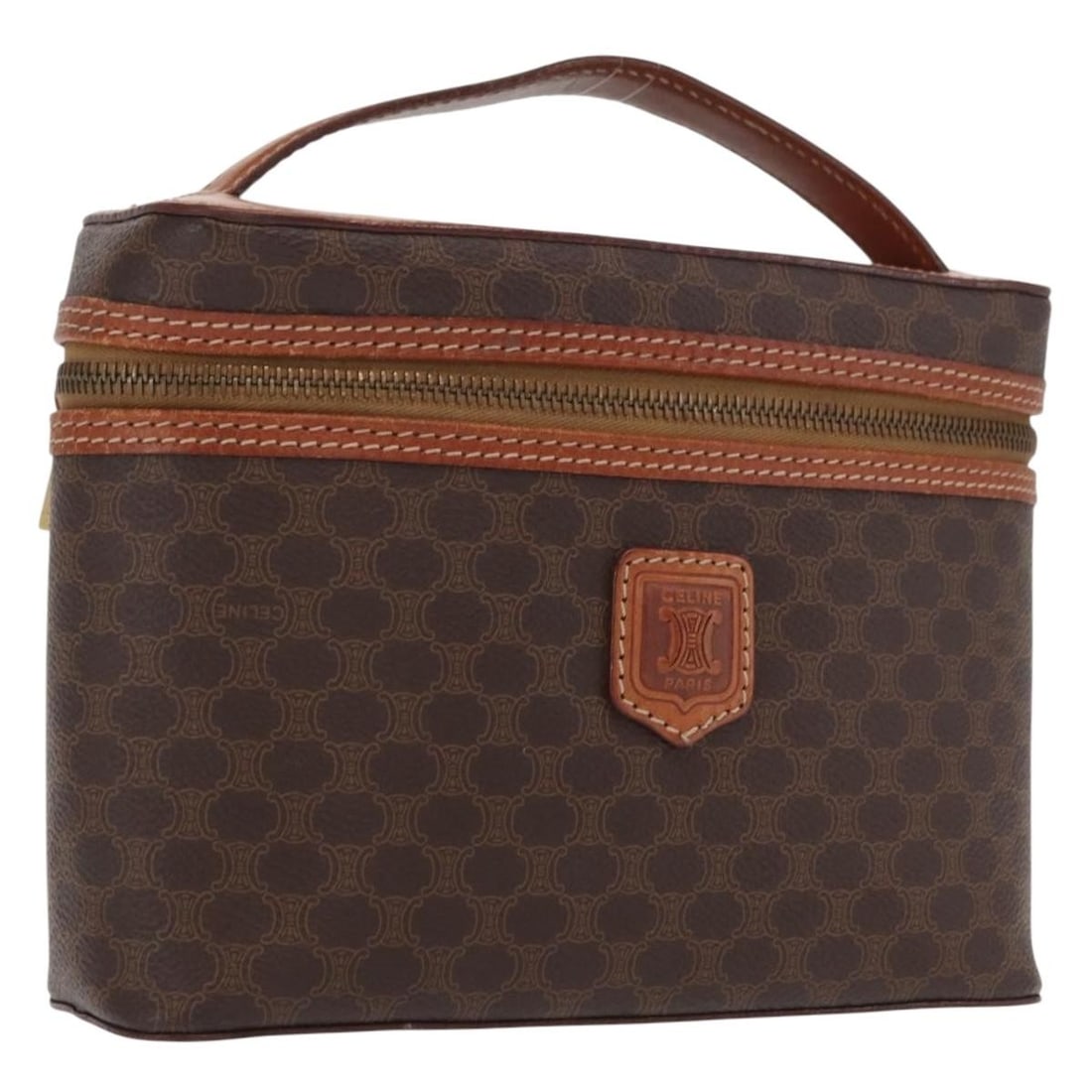 Celine Macadam Brown PVC Leather Handbag with Gold Accents: Celine Macadam Brown PVC Leather Handbag with Gold Accents This CELINE Macadam Canvas handbag features brown and gold PVC leather with the signature Macadam pattern. Designed for women, the bag is mad