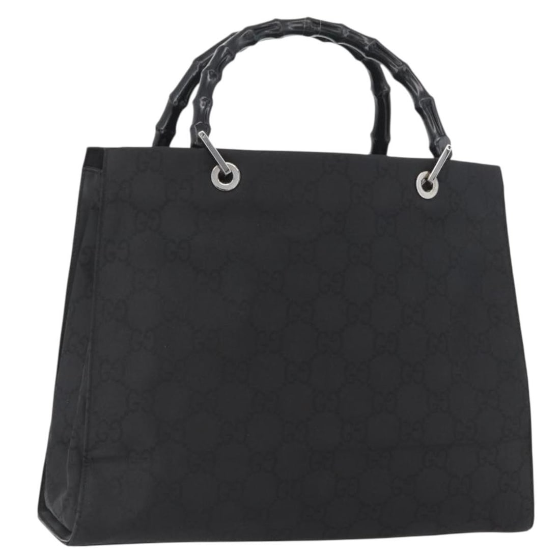 Black Nylon GG Canvas Bamboo Handle Gucci 002 1010 Women's Handbag: Black Nylon GG Canvas Bamboo Handle Gucci 002 1010 Women's Handbag This is a GUCCI GG Canvas Bamboo hand bag crafted from black nylon with silver-tone accents. The bag features a bamboo handle, GG can