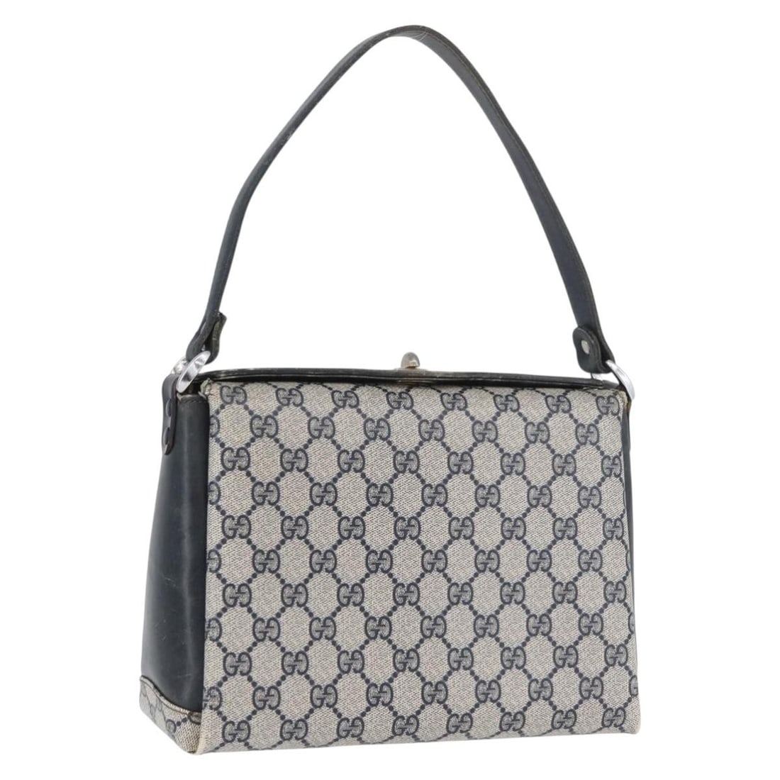 Gucci GG Supreme PVC Leather Shoulder Bag Navy Silver Tone: Gucci GG Supreme PVC Leather Shoulder Bag Navy Silver Tone A Gucci GG Supreme shoulder bag in navy and silver, made in Italy. It is crafted from PVC leather and GG canvas, and is designed for women. T