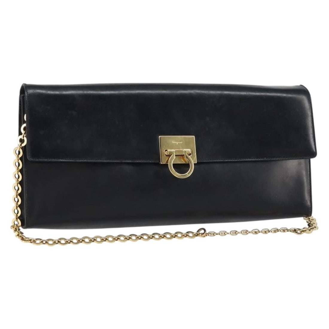 Black Leather Gancini Chain Shoulder Bag by Salvatore Ferragamo: Black Leather Gancini Chain Shoulder Bag by Salvatore Ferragamo This Salvatore Ferragamo shoulder bag features black leather with gold-tone accents and the signature Gancini chain detail. Made in Ital