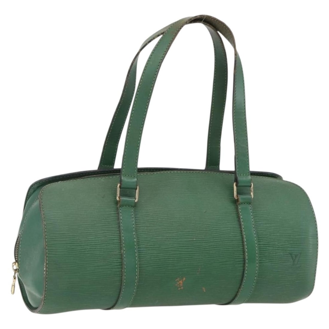 Louis Vuitton Epi Leather Soufflot Green Handbag Model M52224: Louis Vuitton Epi Leather Soufflot Green Handbag Model M52224 This Louis Vuitton Soufflot handbag features durable green Epi leather with visible signs of heavy use including rubbing, stains, deformat