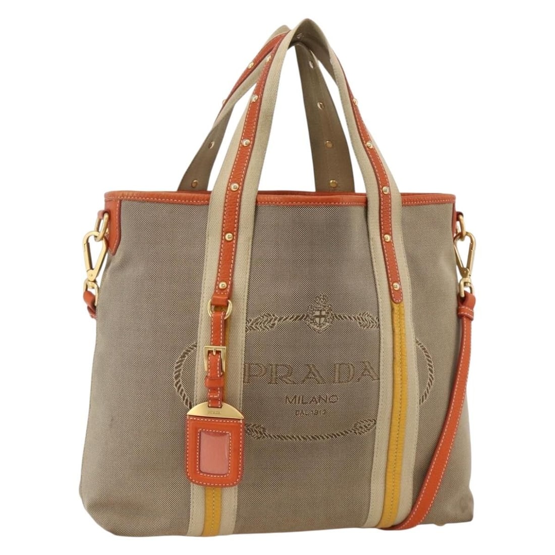 PRADA 2way Logo Jacquard Leather Handbag Beige Gold with Shoulder Strap: PRADA 2way Logo Jacquard Leather Handbag Beige Gold with Shoulder Strap PRADA handbag in beige and gold with a logo jacquard design and leather construction. It is a 2-way style and comes with a name 