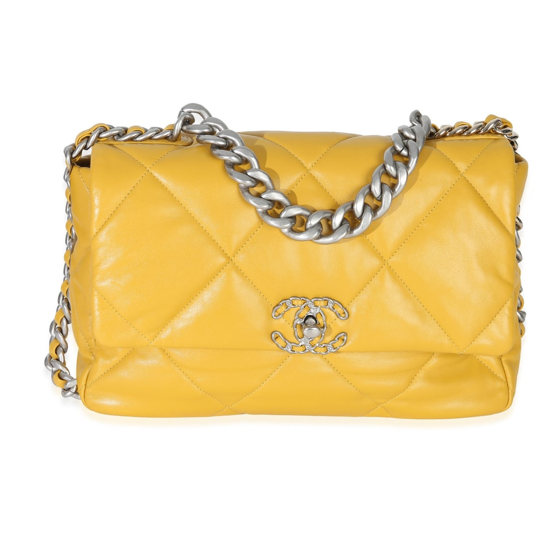 Chanel 19 Yellow Quilted Lambskin Shoulder Bag: Chanel 19 Yellow Quilted Lambskin Shoulder Bag This Chanel Large Chanel 19 Flap Bag features a striking yellow quilted lambskin leather exterior and a coordinated yellow fabric lining. The bag is desi
