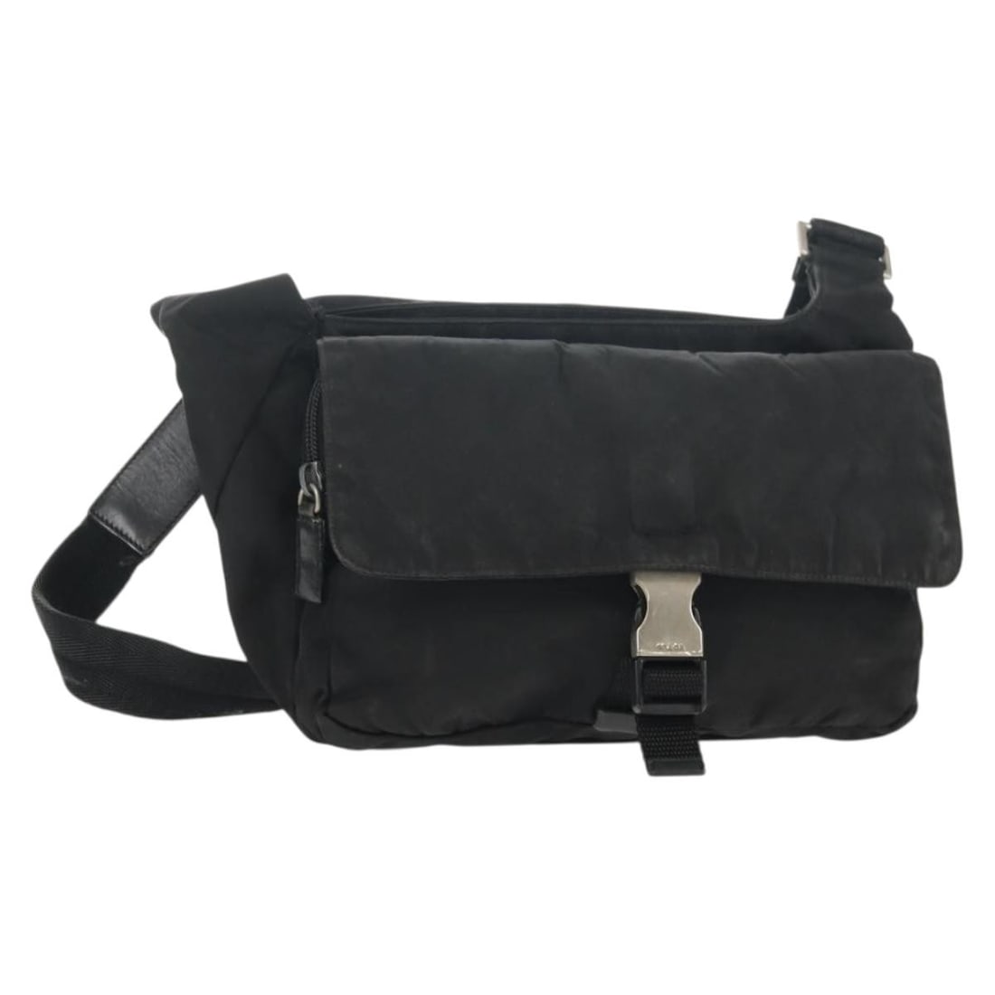 PRADA Black Nylon Shoulder Bag Silver Accents Made in Italy: PRADA Black Nylon Shoulder Bag Silver Accents Made in Italy This PRADA Shoulder Bag is a stylish accessory crafted from durable nylon, featuring a sleek black and silver color scheme. Designed for pra