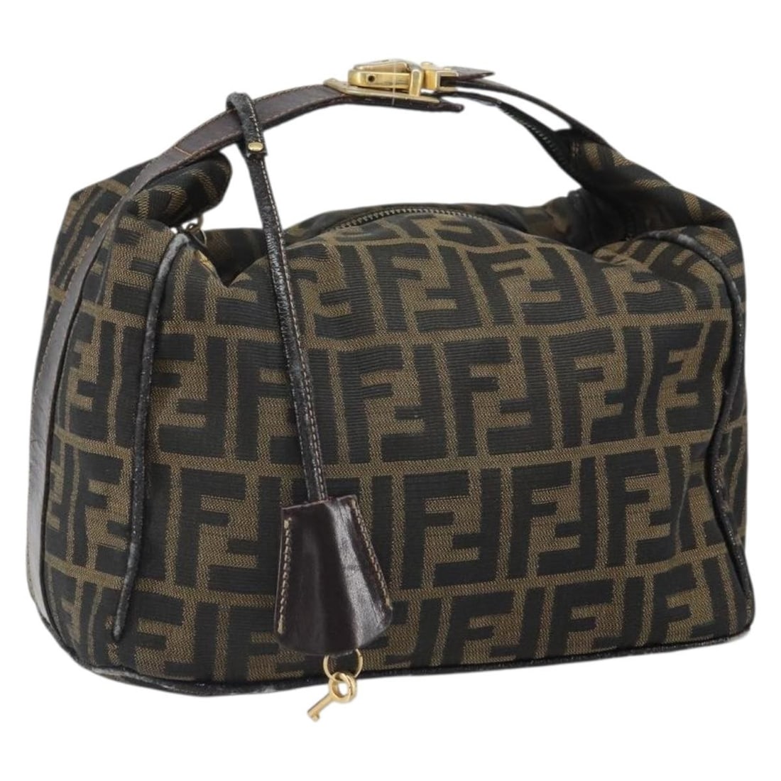 Fendi Zucca Canvas Black and Brown Handbag with Key and Clochette: Fendi Zucca Canvas Black and Brown Handbag with Key and Clochette This FENDI hand bag features the iconic Zucca canvas in black and brown tones. It includes a key and clochette as accessories. The bag