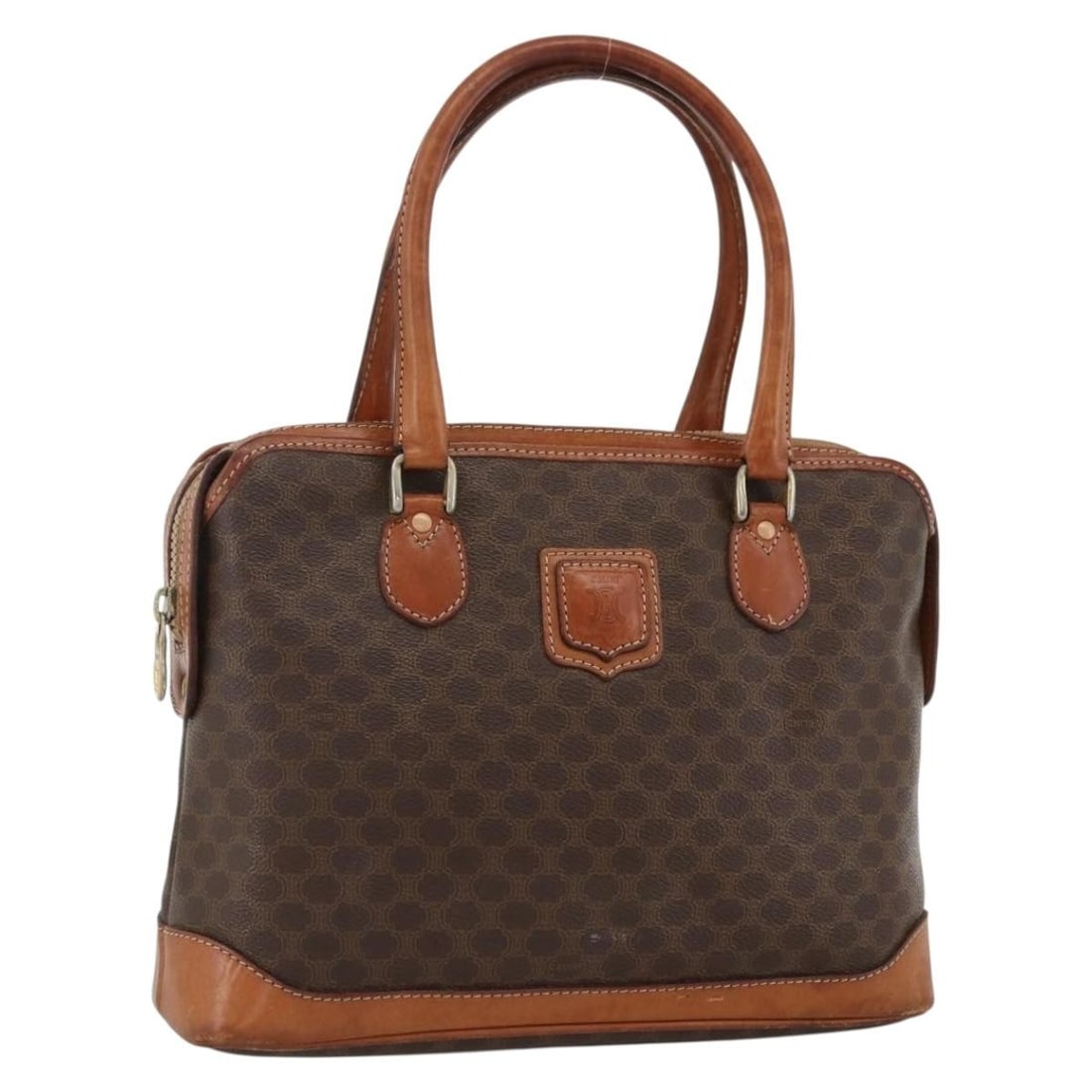 Celine Macadam Brown PVC Canvas Handbag with Gold Tone Accents: Celine Macadam Brown PVC Canvas Handbag with Gold Tone Accents This CELINE Macadam canvas handbag features a brown and gold PVC leather exterior with the signature Macadam pattern. Designed for women,