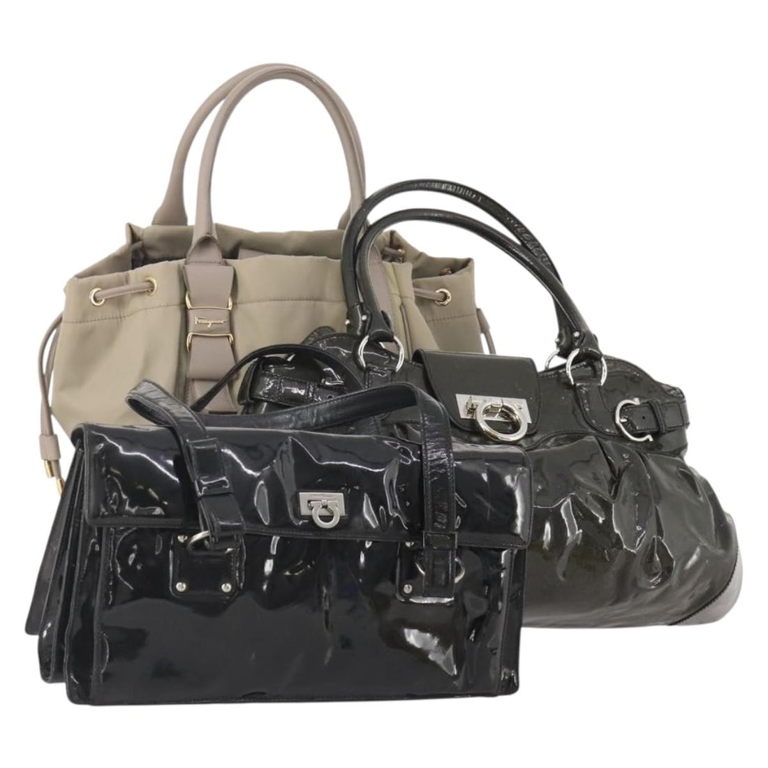 3 Piece Patent Leather Clutch Bag Set Salvatore Ferragamo Gancini Black Beige: 3 Piece Patent Leather Clutch Bag Set Salvatore Ferragamo Gancini Black Beige Salvatore Ferragamo Gancini clutch bag set in patent leather, presented in black, beige, and khaki gray. Made in Italy, th