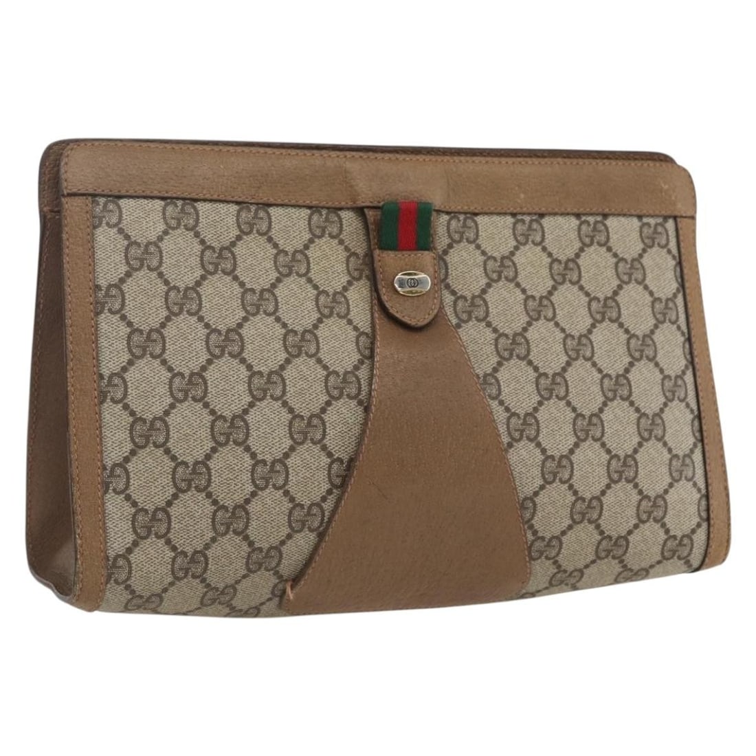 Beige PVC GG Supreme Web Sherry Line Clutch by Gucci 89 01 033: Beige PVC GG Supreme Web Sherry Line Clutch by Gucci 89 01 033 This GUCCI GG Supreme Web Sherry Line clutch bag features a beige PVC leather and GG canvas exterior. The bag is designed in a classic cl
