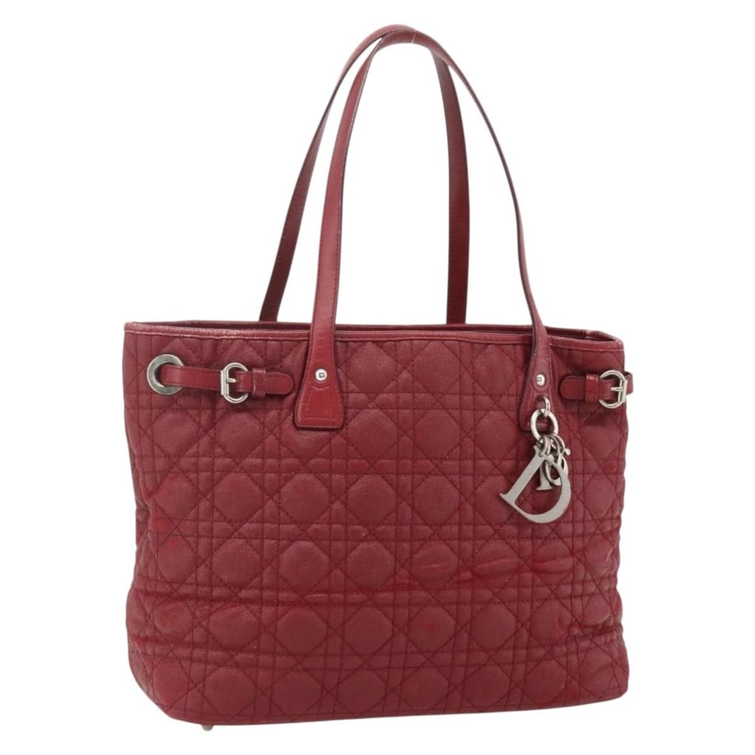 Christian Dior Cannage Red Silver Coated Canvas Tote Bag: Christian Dior Cannage Red Silver Coated Canvas Tote Bag Christian Dior Cannage tote bag in red and silver coated canvas with a charm accessory. Made in Italy, this women's tote is a heavily used piec