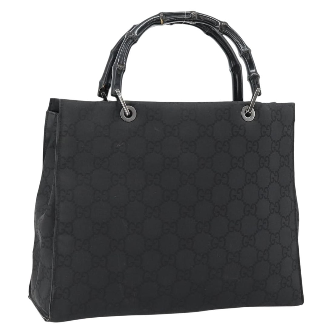 Gucci 002 1010 GG Canvas Bamboo Handbag Black Silver: Gucci 002 1010 GG Canvas Bamboo Handbag Black Silver Gucci GG Canvas hand bag in black and silver, made in Italy. This women's bag features GG Canvas exterior material and a structured size of approxi